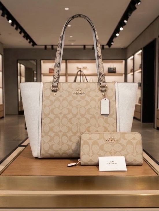 Coach Handbags - Coach Marian Tote Beige & White Sig Canvas with Snake-Print Handles/w wallet inc